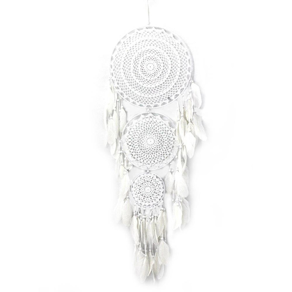 Drömfångare, boho-stil, med 3 cirklar, vit fjäder, väggdekoration, 127*35CM