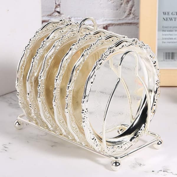 Retro Coaster til drinks, europæisk-stil retro metal kopholder håndværk (sølv) silver