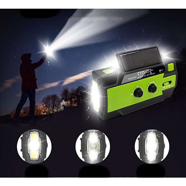 Nödväderradio, solcellsdriven vevradio, bärbar NOAA-väderradio med ficklampa och rörelsesensorlampa, mobiltelefonladdare, SOS-larm green