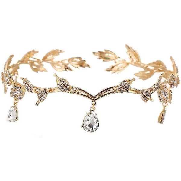 Krona av löv bröllop tiara, nesloonp brud banner håraccessoarer, bröllop kristallband (guld) Gold