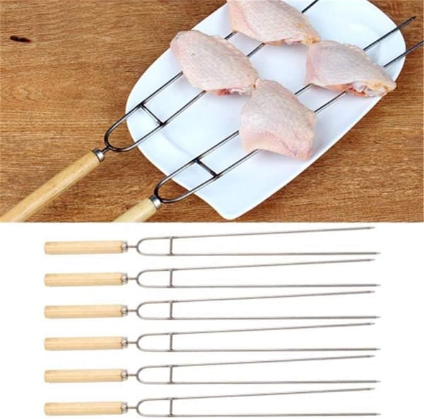 Grillspyd med doble pigger og trehåndtak, 6 stk.