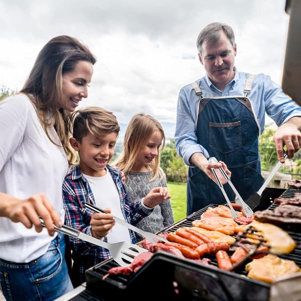 Rustfrit stål med grillgaffel, stegespade, børste, spyd, bæretaske, 9 dele