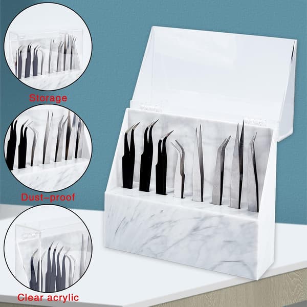 Pinsett oppbevaringsstativ med 8 hull, pinsett marmor displayboks med støvdeksel (lys grå)