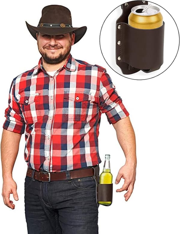 Ølbelte i lær, for utendørs potluck, denimdekorasjon, bursdagsgave (brun)