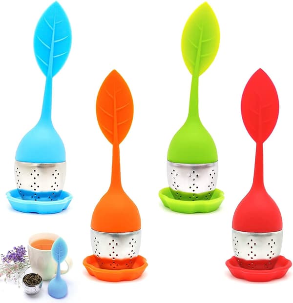 4 Stykker Te-infuser i Rustfrit Stål og Silikone - Te-si med Låg og Underkop (Farve Tilfældig)