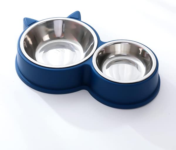 Katteskål, dobbeltskåle, katteskål i rustfrit stål sammen, spiser og kattekranse til katte små dyr (blå) blue