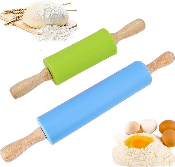Silikone kagerulle med massivt træhåndtag, non-stick (blå, grøn) 2-pak