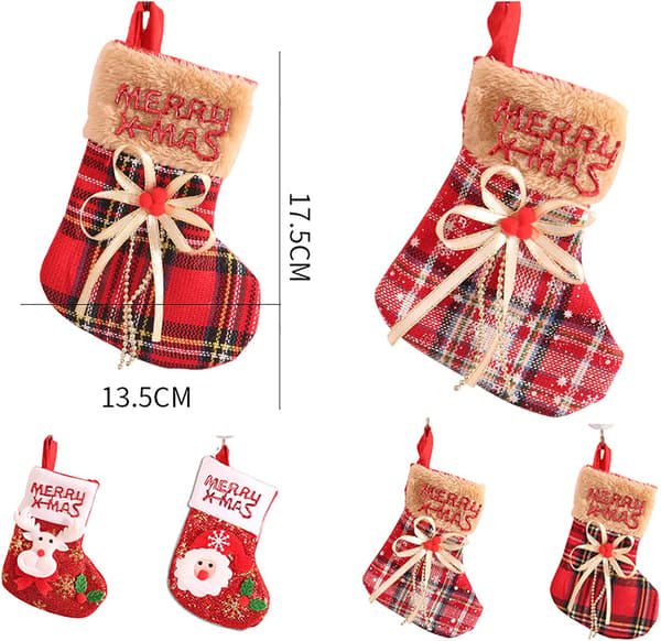 4-pack julstrumpor för upphängning, älg, tomte, rosett, julklappspåse