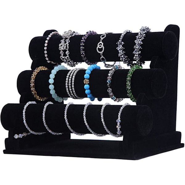 Smyckesdisplayställ 3-lagers svart sammet avtagbar ställ rack armbandshållare