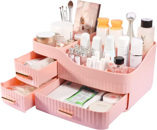 Makeup-arrangör med lådor, kosmetikarrangör, för byrå, sovrum, badrum (rosa)