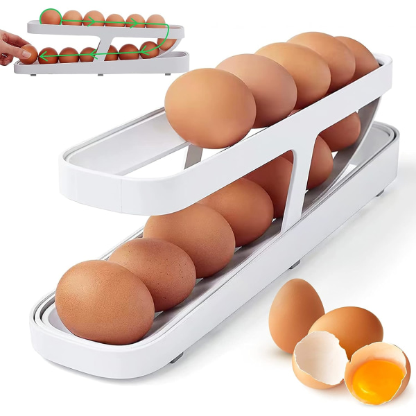 Rullande ägghållare Äggställ, vit 2-vånings äggdispenser Äggförvaring Ägghållare för kök