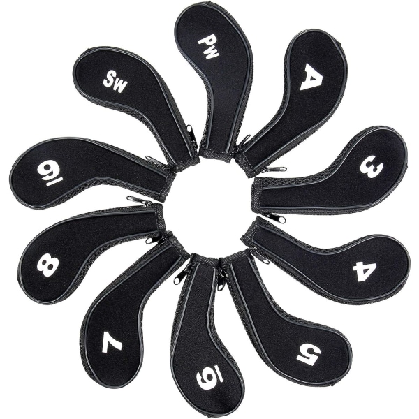 Golfklubbhuvudöverdrag Antal print Golfjärnöverdrag med dragkedja, 10 delar/ set, svart