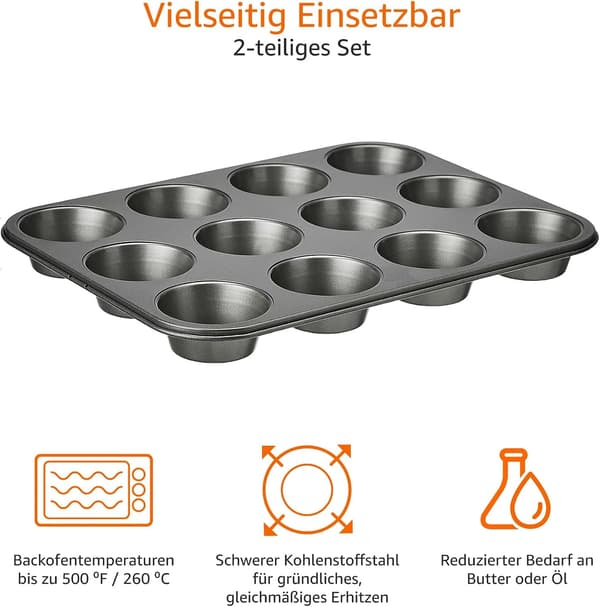 2 stk. bageplade til muffins, non-stick belagt, kulstofstål - sort black