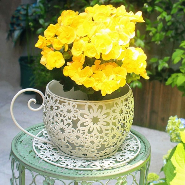 Blomkruka Vintage Planterkruka Kaffefat Tekopp Trädgårdsväxthållare Metallkrukkruka, Vit