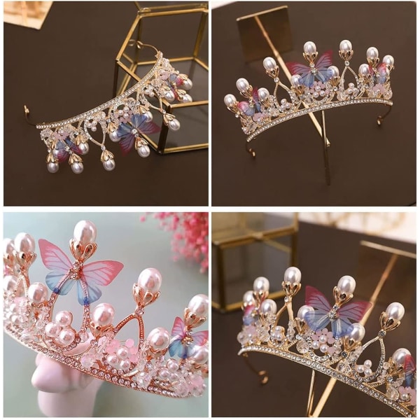 Kronfjäril, prinsessdiadem i strass, kronflicktiara, bröllopskrans, diademkristall