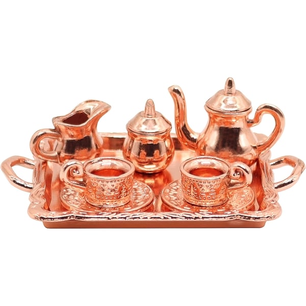 10 st Miniatyrhustillbehör Miniatyr Roséguld Metall Te Lock Pot Koppar Bricka Set