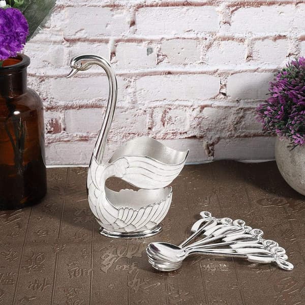 Metalske kaffe dessert ske sæt, bestik svane base holder ske organizer (Sølv L) Silver L