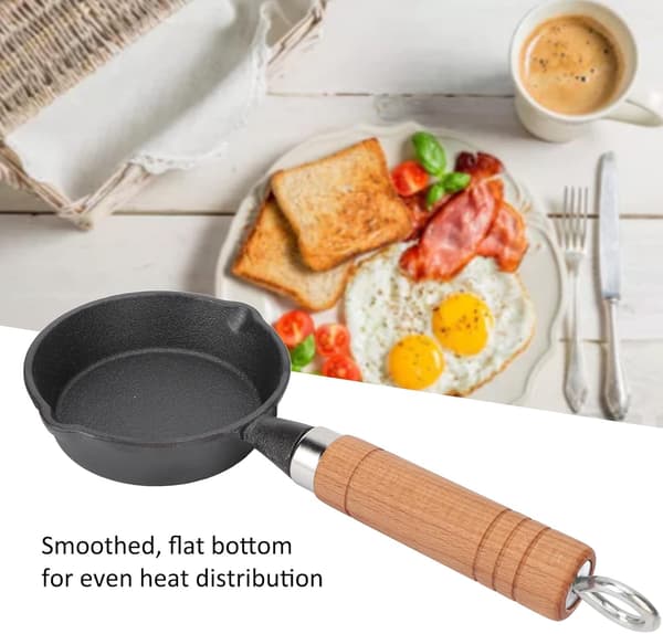 Mini støpejernspanne, forbehandlet liten støpejernspanne med trehåndtak 10 cm