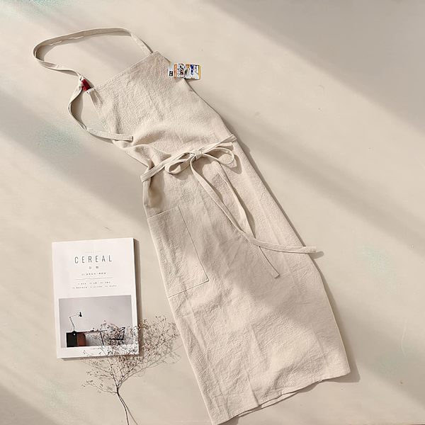 Köksskydd för kvinnor och män, linneförkläden med ficka apricot