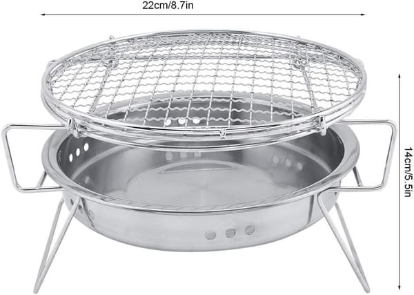 Minigrill, sammenleggbar rund grill i rustfritt stål