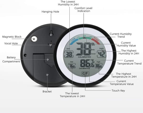 Hygrometer Rumtemperatur, Max-Min Display Nøjagtigt Væg- og Bordtermometer med Touchskærm