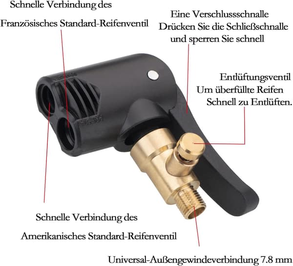 Kopplingsadapter för mässingsgängad munstycksventil, luftpumpklämma, universell bildäckluftchuck