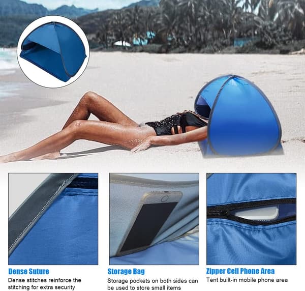 Mini strandly, popup hodestøttetelt, UV-beskyttelse, sol- og vindbeskyttelse, sammenleggbart (blå M) m