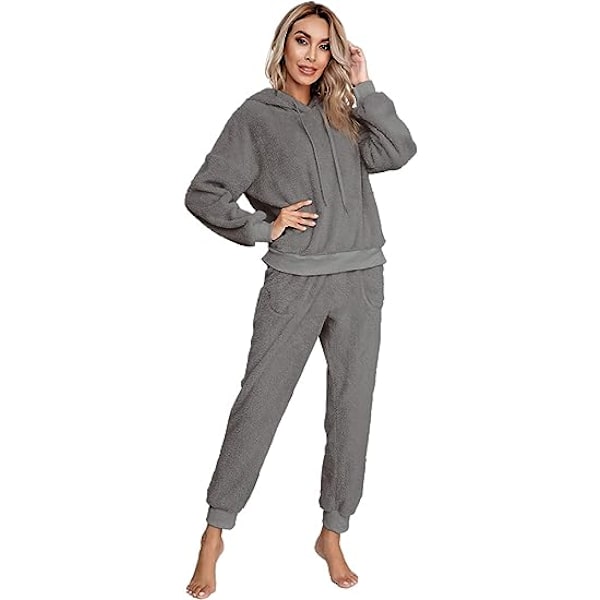 Dam Fuzzy Sherpa Fleece Pyjamas Set, Långärmad Hoodies Pyjamas Byxor 2 Delar Outfits Loungewear Sleepwear(mörkgrå,m) m