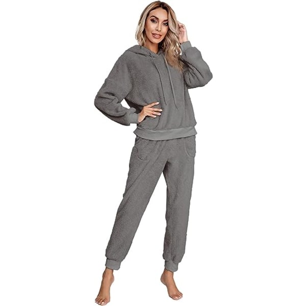 Dam Fuzzy Sherpa Fleece Pyjamas Set, Långärmad Hoodies Pyjamas Byxor 2 Delar Outfits Loungewear Sleepwear(mörkgrå,xl) xl