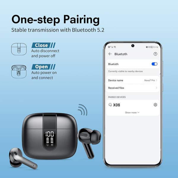 Trådløse øretelefoner Bluetooth med mikrofon, 40 timer IPX7 vandtæt USB C trådløs (sort)