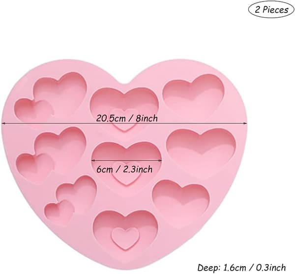 2 stk. hjerte sjokoladeform, 3D silikon bakeform, med 3 former og 9 hull (rosa+blå)