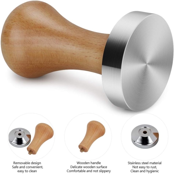 Pulverhammare i massivt trähandtag i rostfritt stål kaffepress (51 mm) 1 st 51mm