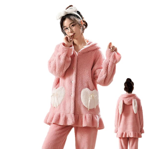 Tykkede kanin-fluffy pyjamas til kvinder, langærmede leggings, varme pyjamassæt (L)