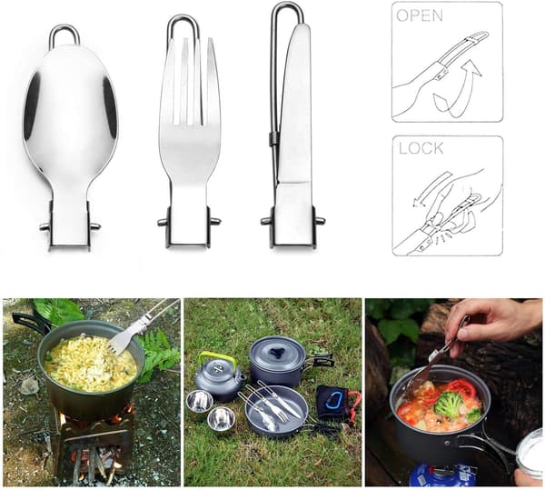 Camp Flatware Sets, Rostfritt Stål Sked Gaffel Kniv & Nylon Förvaringsväska, Fällbar