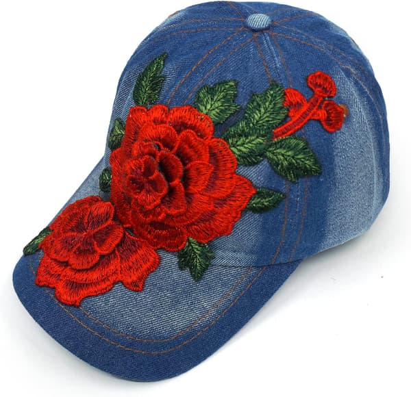 Denim Baseballcap Blomst Justerbar Broderet Solhatt Gave til Mor/Damer (Rød) Red