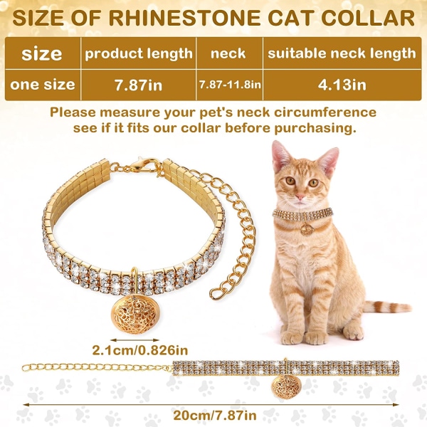 Bling Diamond Hundhalsband och låsklocka, gnistrande trerads Rhinestone Avtagbart katthalsband (guld)