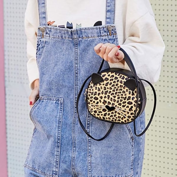 Mini Leopards axelväska Crossbody väska Handväska Söt kattväska Rund myntbricka（leopardmönster） Yellow