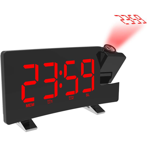 Digital väckarklocka projektor USB laddningsväckarklocka 180 graders display (röd) red