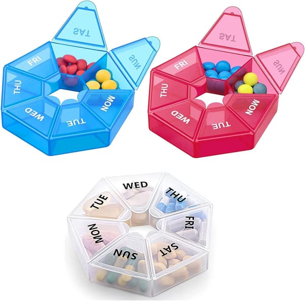 Reise pilleboks, 7 dager 2 ganger om dagen, separate 7 rom for reise (1*klar+1*rosa+1*blå)