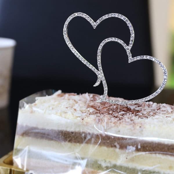 1 stk glitrende krystall-rhinestone dobbel kjærlighetshjerteformet bryllupskakedekorasjon