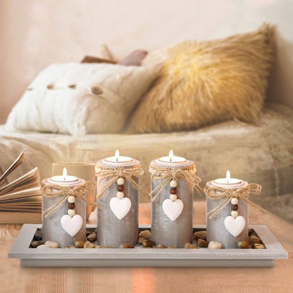 Ljushållare Set om 4 Grå Träbricka, Ljushållare Tealight Centerpieces Födelsedag Hem Jul Ljushållare
