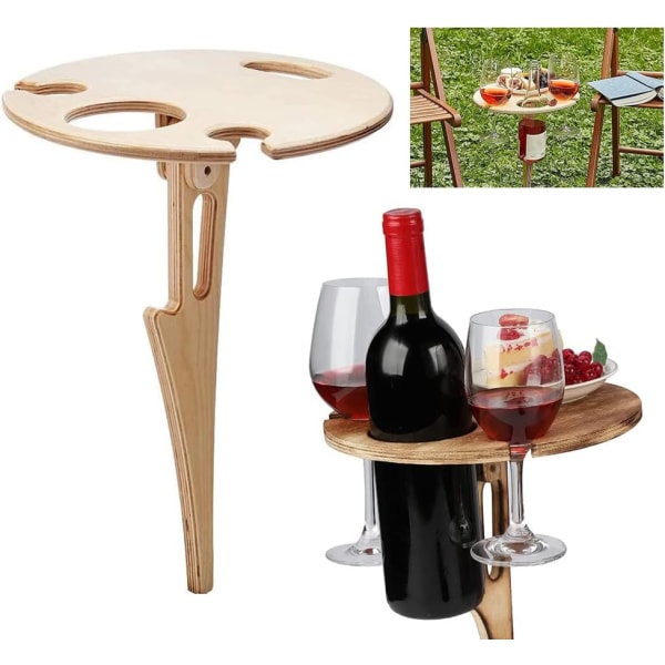 Vinglashållare i trä, portabelt utomhusvinbord med hopfällbart, minihopfällbart bord