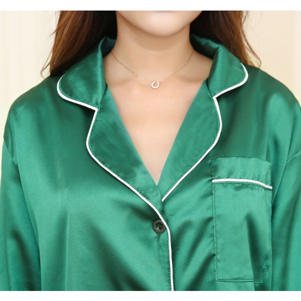Mjuk silkesatin långärmad pyjamas för kvinnor (storlek M) green m