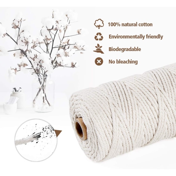 Macramé repkit 3mm x 200m beige bomullstråd, 100% bomullsmacramésnöre, naturbomullssnöre-Beige