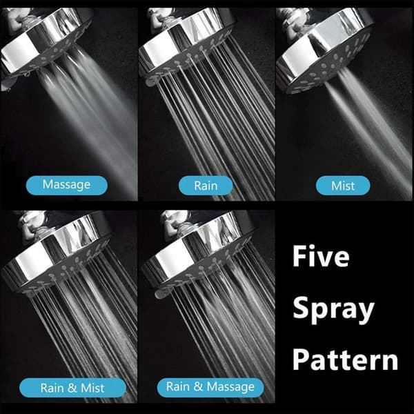 Multifunksjonelt baderomsdusjhode 4 tommer høytrykksdusjhode, 5 sprayinnstillinger