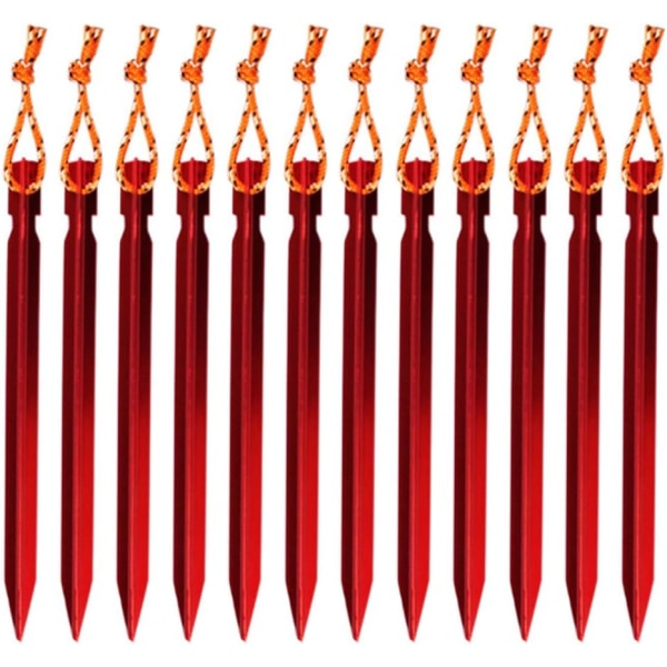 12 delar tältpinnar, Y-formad aluminiumlegering campingspik med reflekterande rep (röd) red