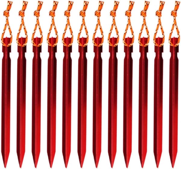 12 stk. teltplugger, Y-formet teltplugg i aluminiumslegering med reflekterende tau (rød) red
