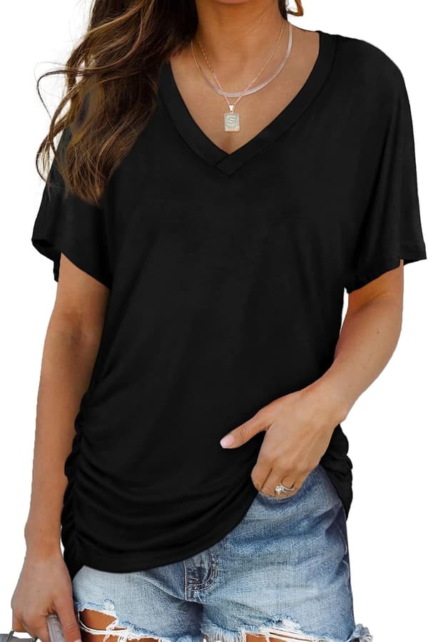 Kortærmede toppe til kvinder, sommertoppe, V-hals basic T-shirt (hvid XL) White