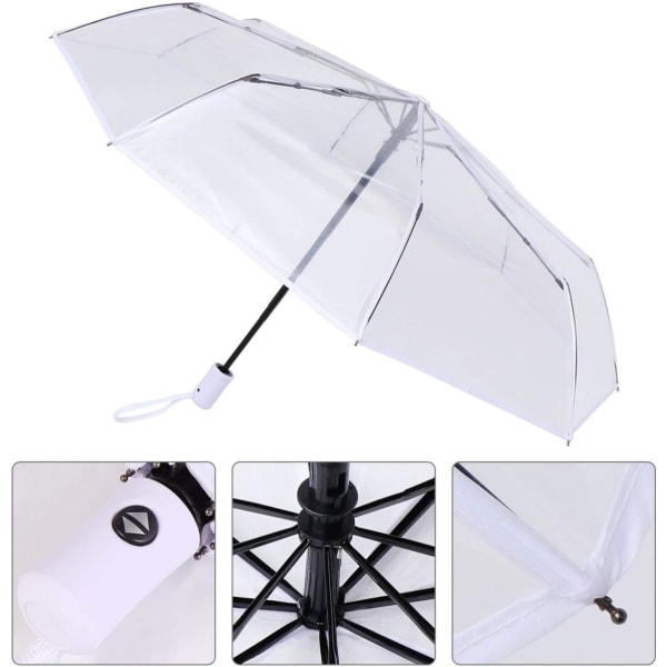 Helautomatisk transparent hopfällbart tre-faldigt paraply (Vit) 1 st White