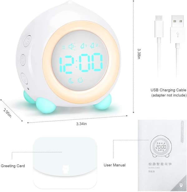 LED-sängklocka Dubbel med nattlampa, väckarklocka för barn, USB-driven, söt persika (vit) White